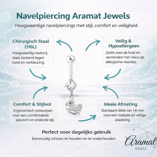 Piercing nombril argenté avec pendentif cheval et zircone
