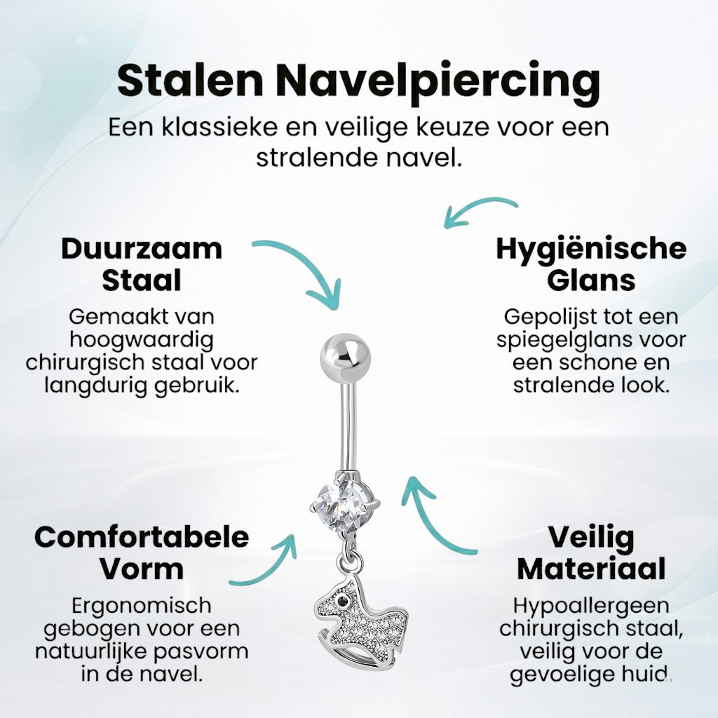Silver-colored navel piercing with horse pendant with zirconia