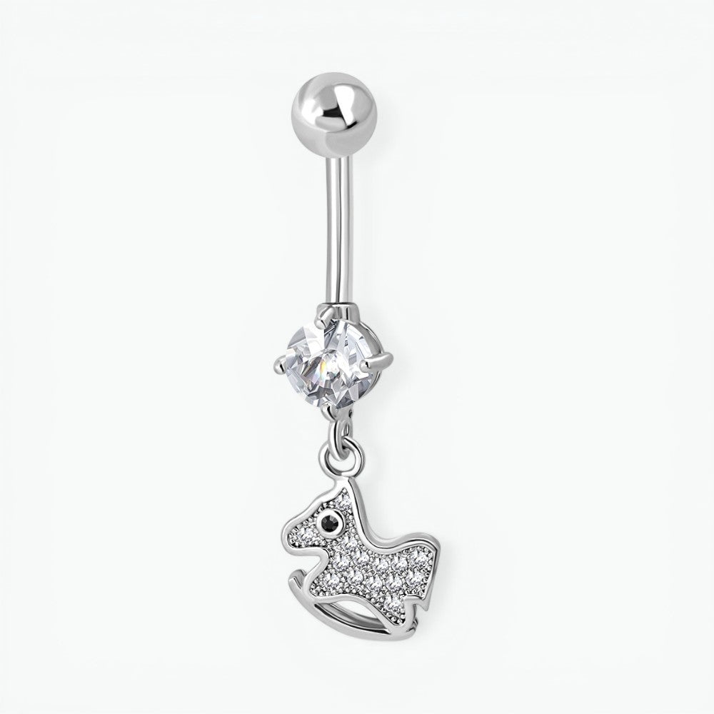 Silver-colored navel piercing with horse pendant with zirconia