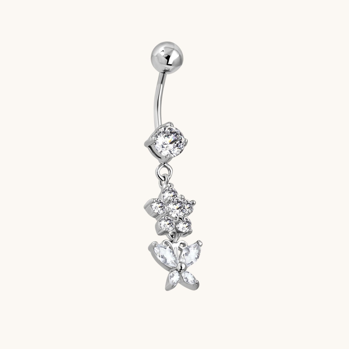 Piercing au nombril en acier avec fleurs et papillons