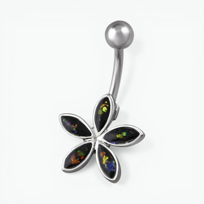 Piercing nombril fleur en opale noire couleur argent