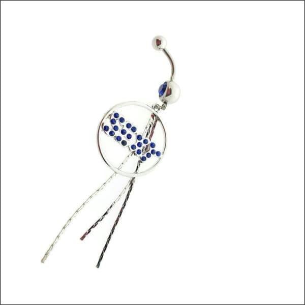 Lang Kristallen Navelpiercing Met Blauw Glas En Zilveren Haak Van Aramat Jewels®.