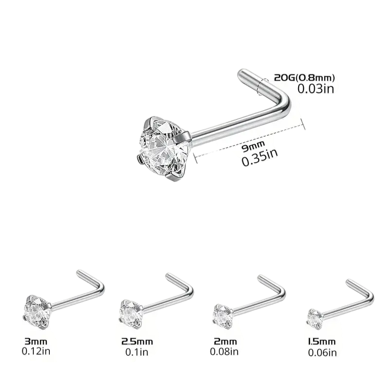 Stalen l Neuspiercing Met Zirkonia Steentje, Gebogen Staafje, Heldere Kristalnase Piercing