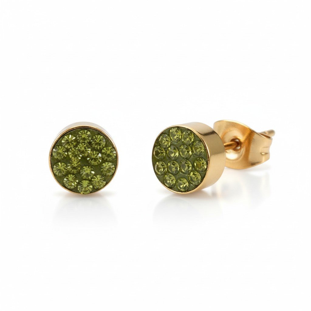 Olijfgroene kristallen oorstekers 6 mm – goudkleurig - Aramat Jewels - Oorbellen - cadeautip