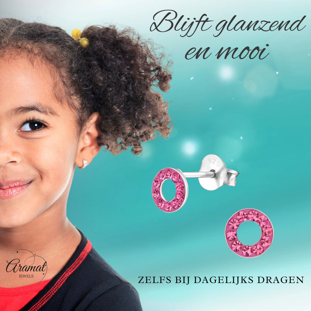 Zilveren open cirkel oorbellen roze kristal