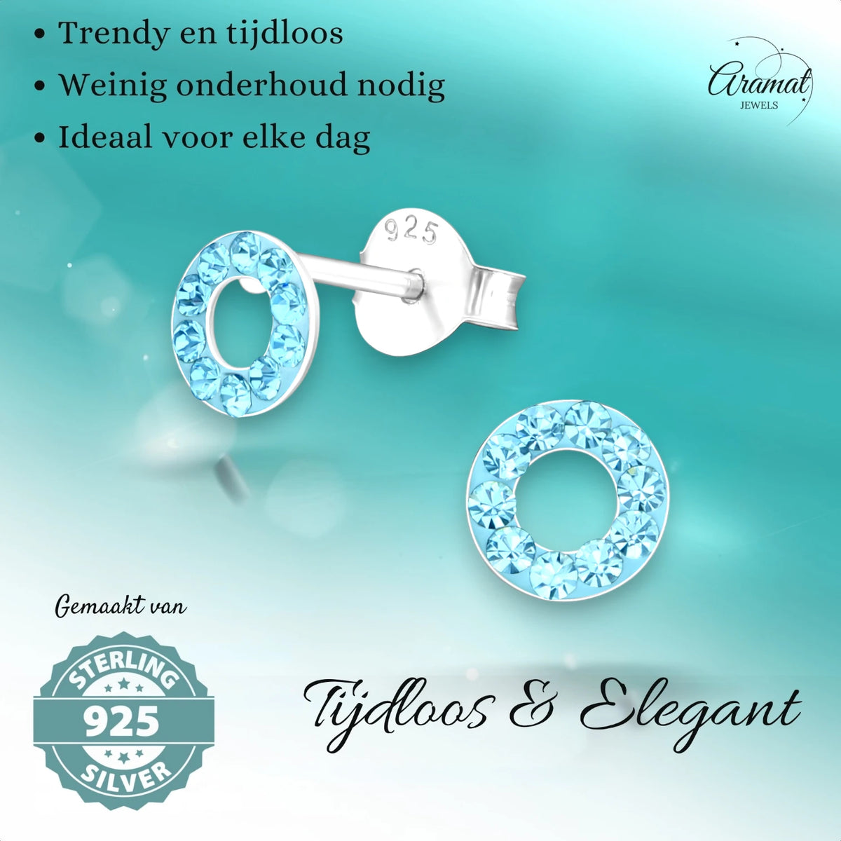 Zilveren open cirkel oorbellen aqua blauw