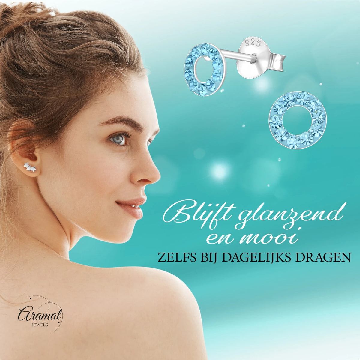 Zilveren open cirkel oorbellen aqua blauw