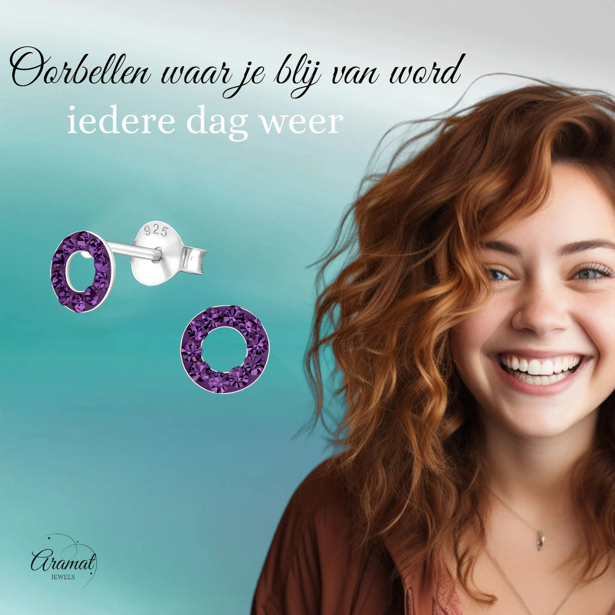 Open cirkel oorbellen paars kristal 925 zilver