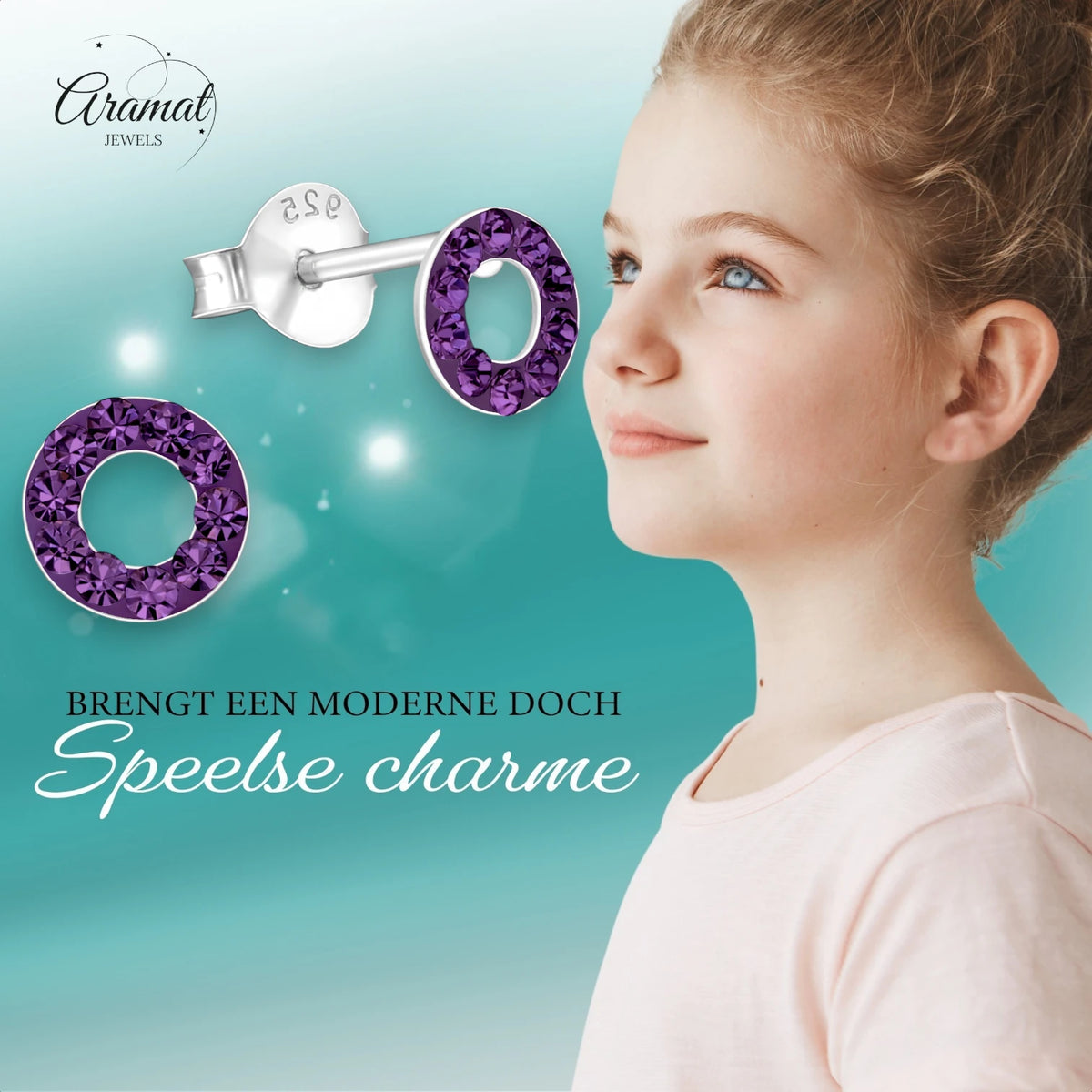 Open cirkel oorbellen paars kristal 925 zilver