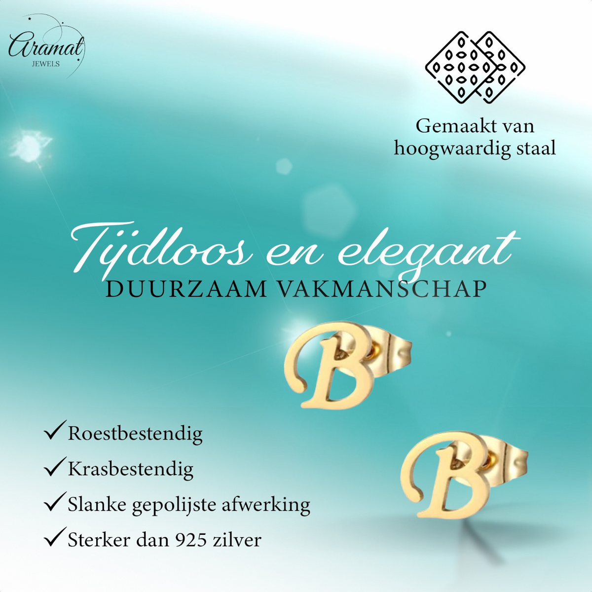 Goudkleurige RVS oorstekers Letter B