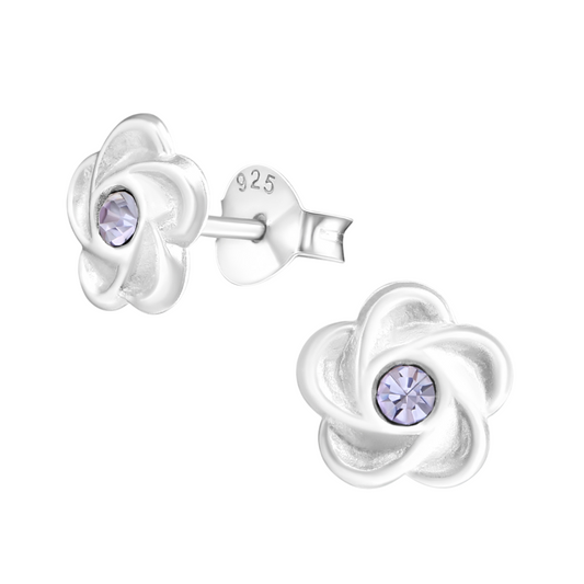 Silver flower stud earrings lilac crystal 7mm