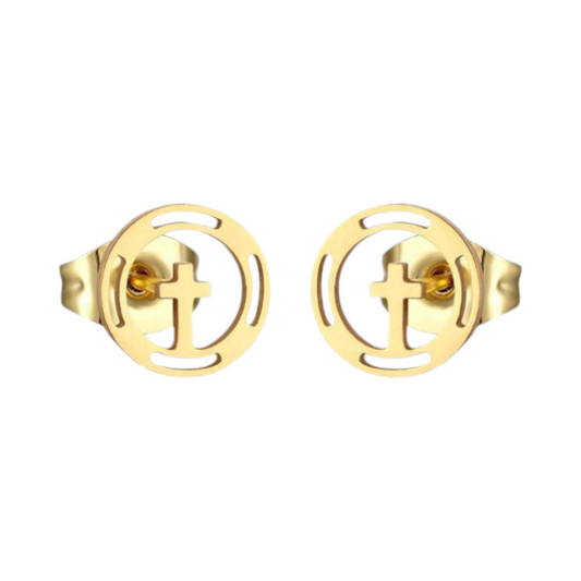 Steel Round Cross Earrings Gold Color – 10mm
