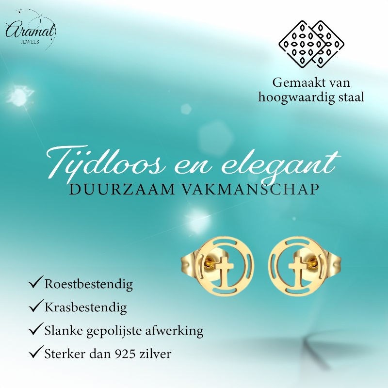 Stalen Ronde Kruis Oorbellen Goudkleur – 10mm