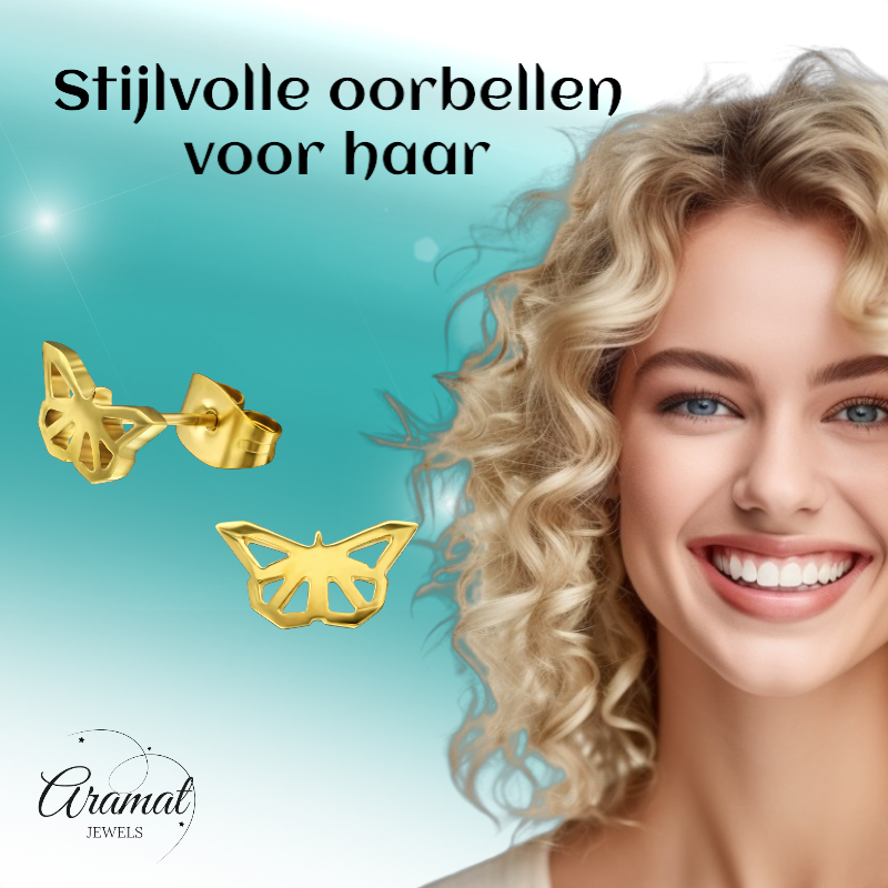 Vlinder oorstekers RVS goudkleur – 5x10mm