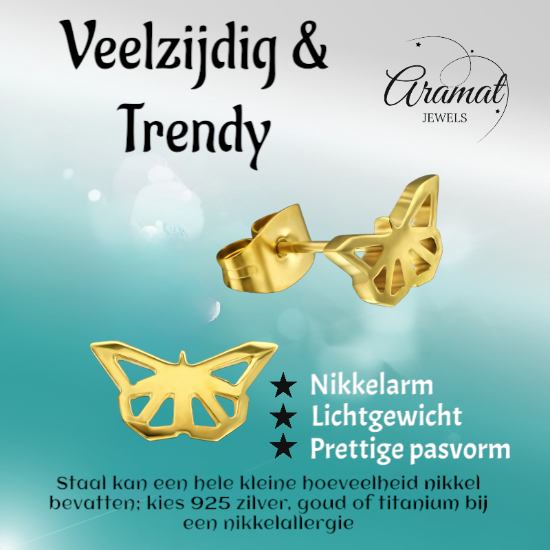 Vlinder oorstekers RVS goudkleur – 5x10mm