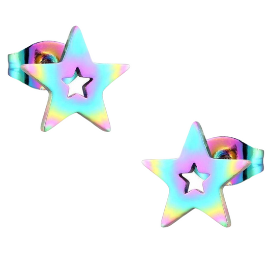 Star stud earrings multi-coloured steel – 9mm unique