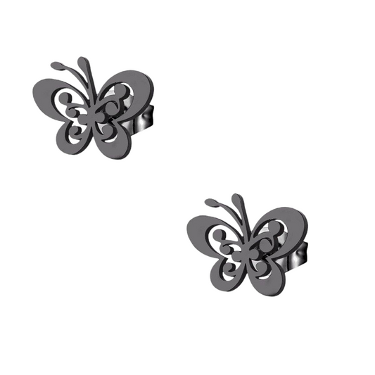 Black butterfly stud earrings steel – 8x10mm open wing