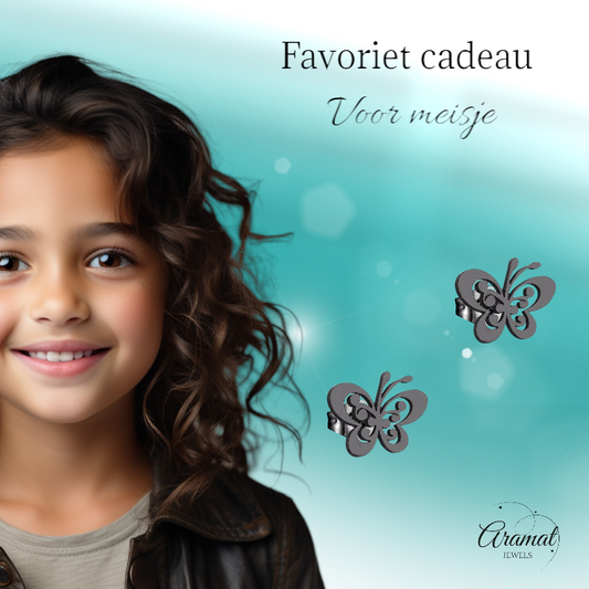 Black butterfly stud earrings steel – 8x10mm open wing