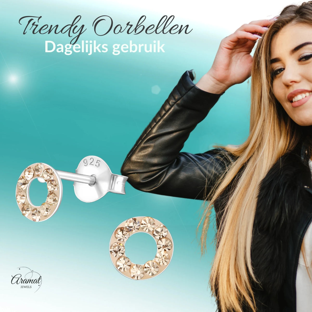 Zilveren open cirkel oorbellen champagne kristal