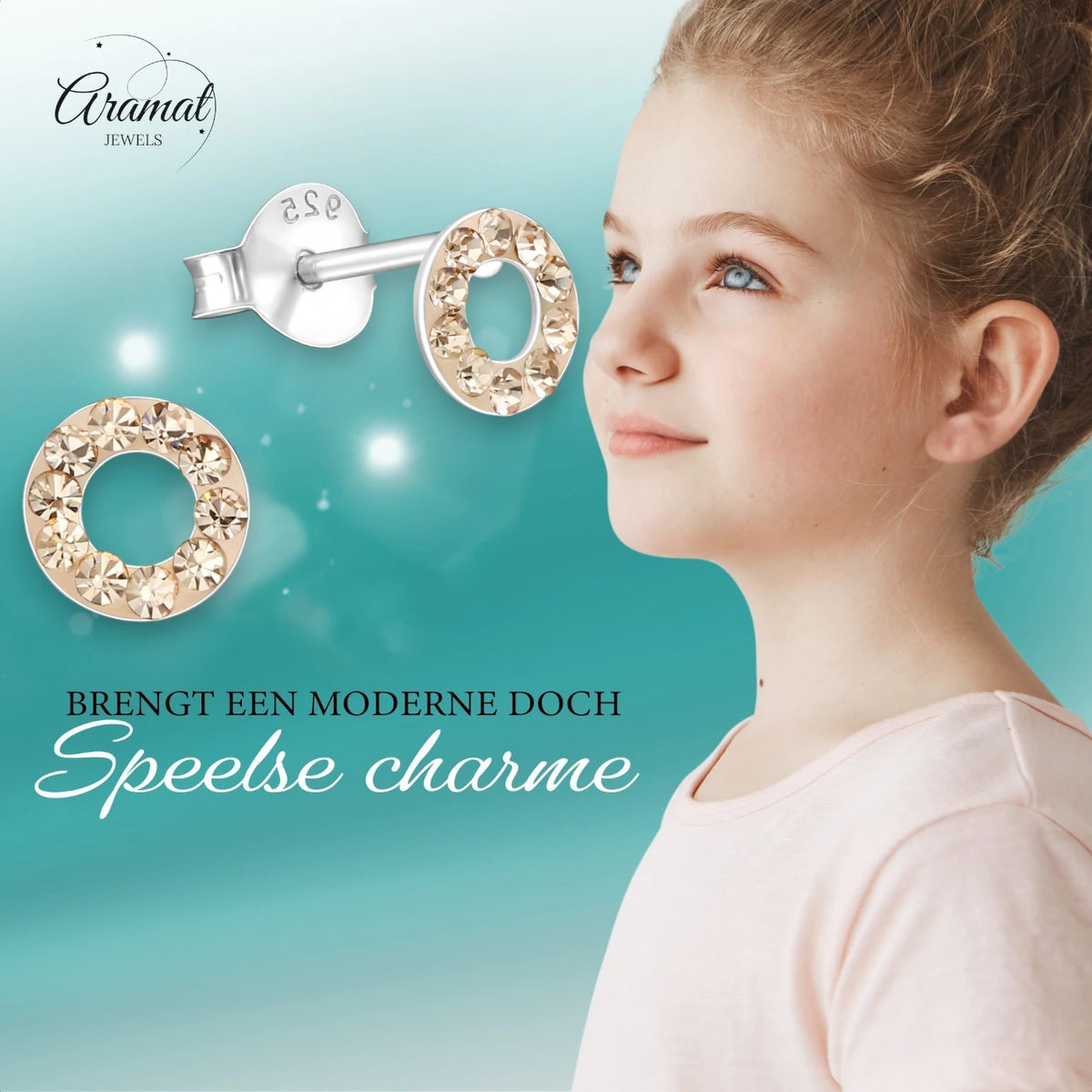 Zilveren open cirkel oorbellen champagne kristal