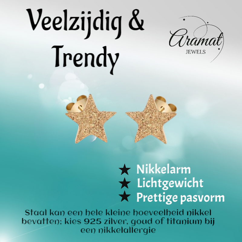 Ster oorstekers goudkleur – sandblasted – 6mm