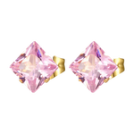 Paar roze diamantvormige oorbellen met gouden zetting.