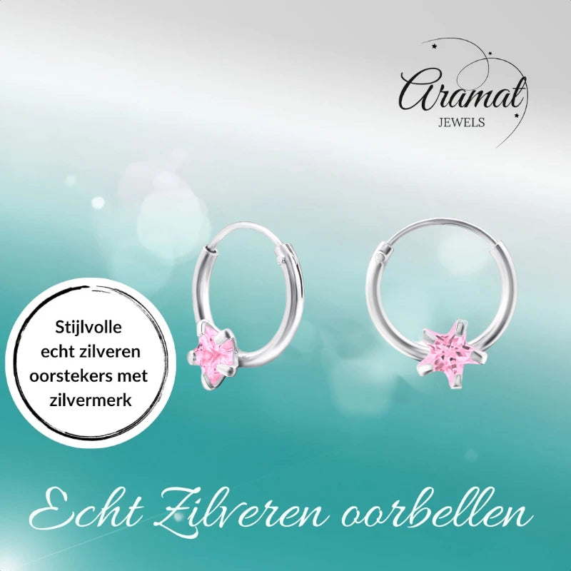 Zilveren Oorringen met Ster Zirkonia - Roze - 10mm