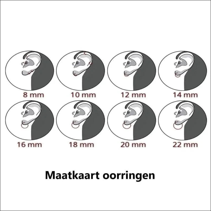 Een maattabel met verschillende oorgaten van 8mm tot 22mm.