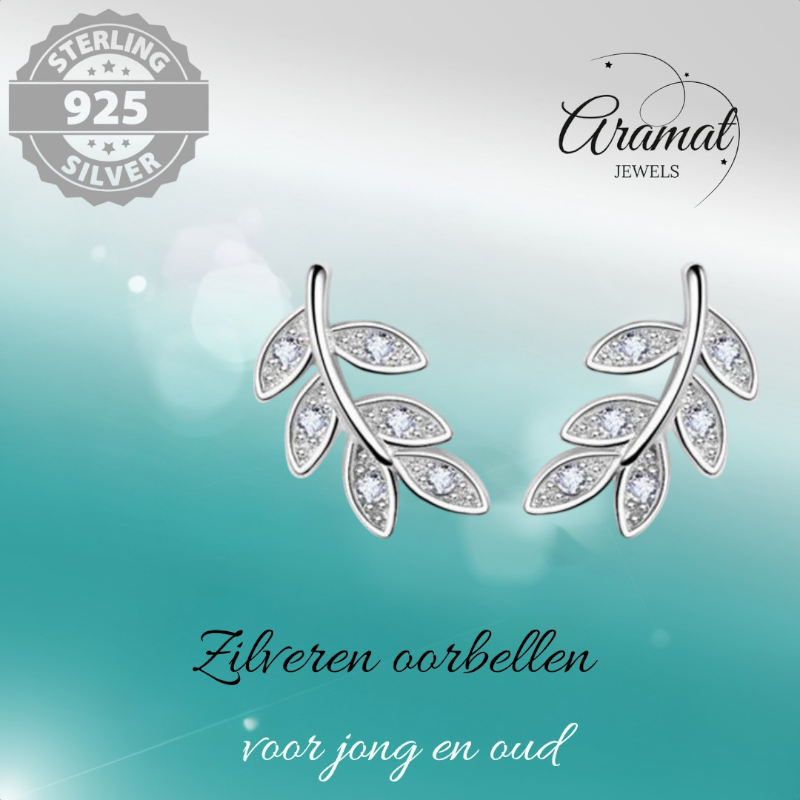 Zilveren Blaadje Oorbellen Zirkonia – 9x6mm