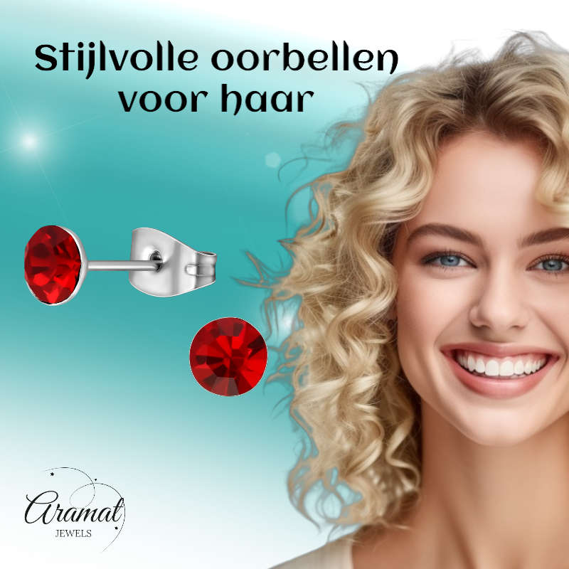 Stalen Kristal Oorbellen met lichtrode steentjes – Zilverkleur – 5mm