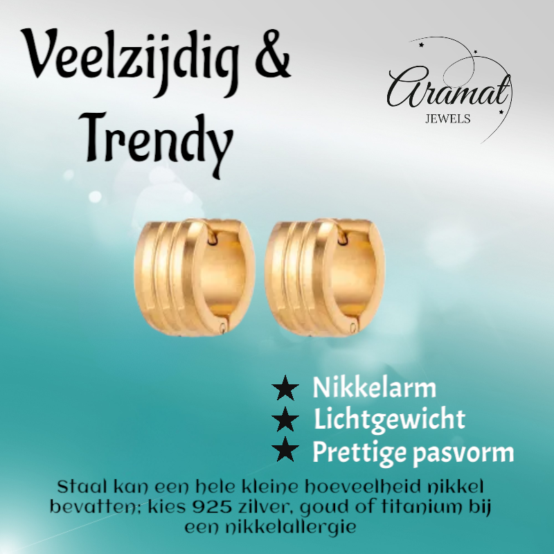 Goudkleurige Oorringen Uniseks - Twee Strepen - 13mm