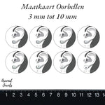 Maattabel voor oorstukjes of oorstretchers van 3 mm tot 10 mm, geïllustreerd met oortekening.