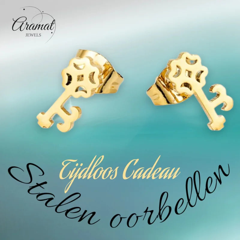 Goudkleurige Sleutel Oorbellen 10x5mm – Stalen Speelsheid Goudkleur