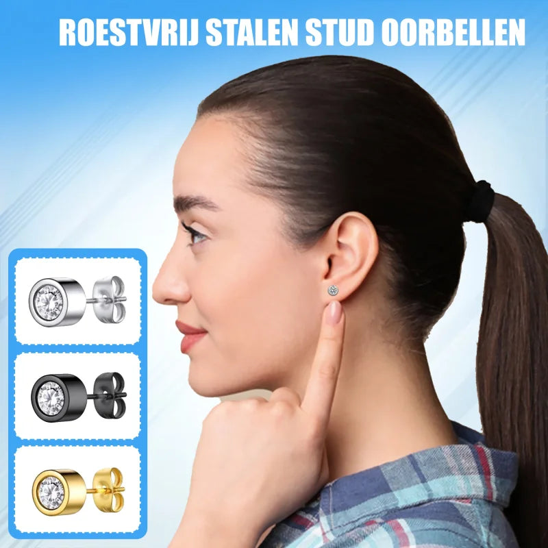 Advertentie voor roestvrijstalen oorbellen in zilver- en goudkleurige opties.