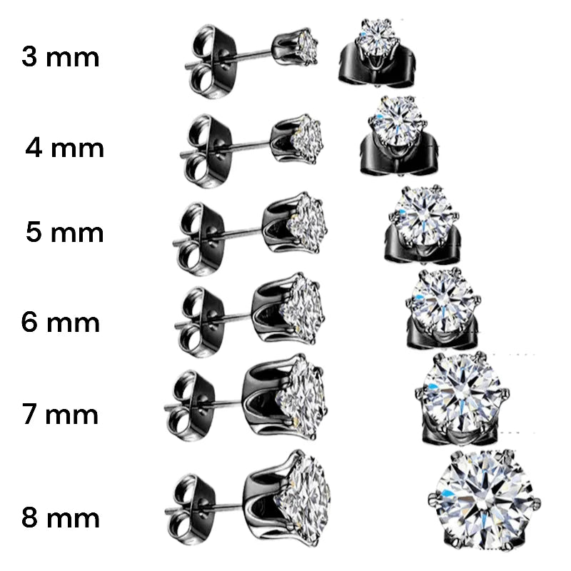 Diamanten oorbellen in verschillende millimeters van 3 mm tot 8 mm.