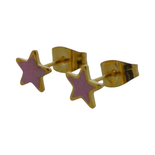Star Earrings - Gold Color - 6mm - Pink Enamel 