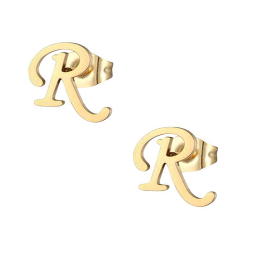 Stainless Steel Earrings Letter R – Gold-Colored – 10 mm