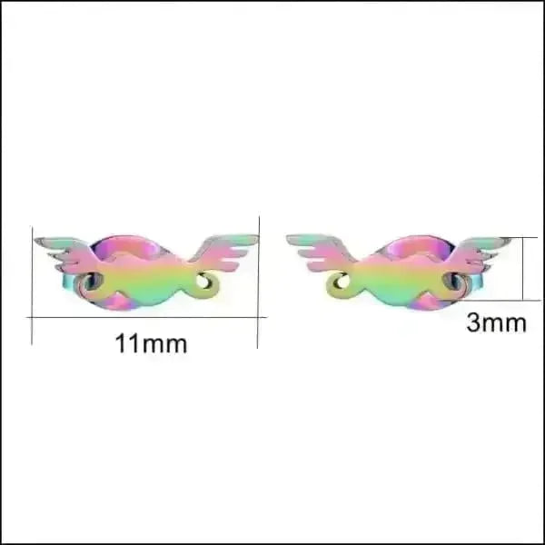 Regenboogkleurige gevleugelde oorbellen met maataanduiding.