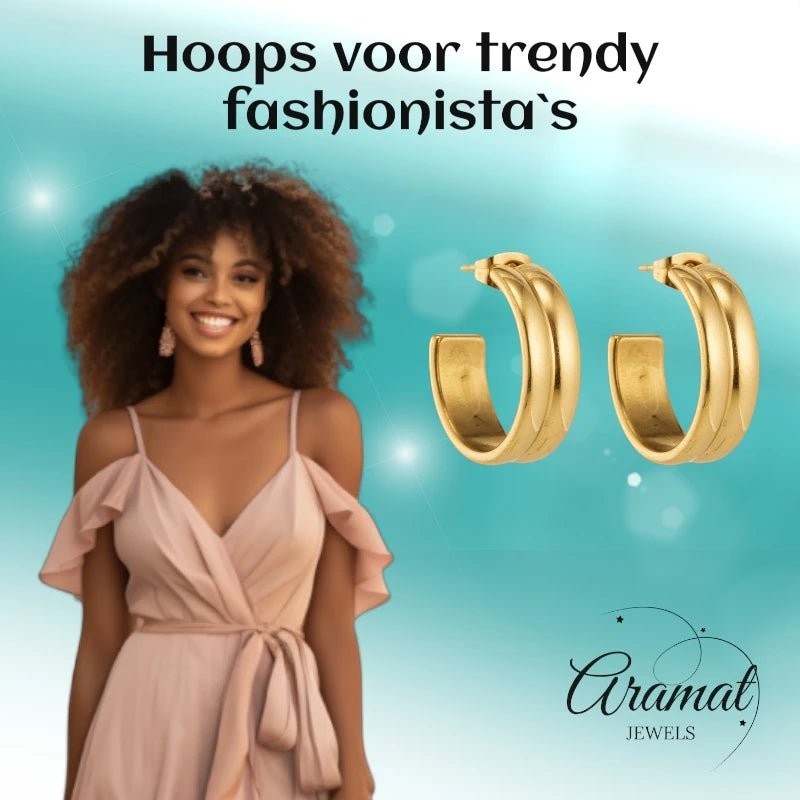 Oorbellen – 23mm Half - Hoop 2 Strepen RVS Goudkleur Dames - Aramat Jewels - Oorringen - cadeautip