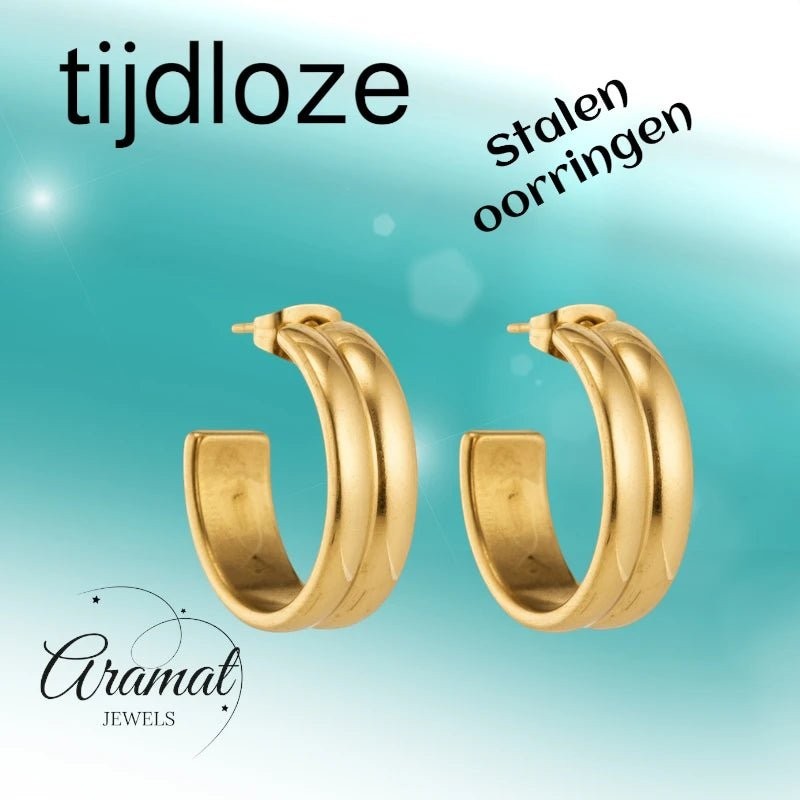 Oorbellen – 23mm Half - Hoop 2 Strepen RVS Goudkleur Dames - Aramat Jewels - Oorringen - cadeautip