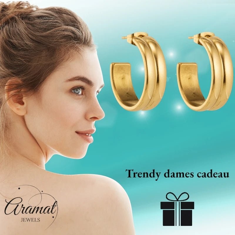 Oorbellen – 23mm Half - Hoop 2 Strepen RVS Goudkleur Dames - Aramat Jewels - Oorringen - cadeautip