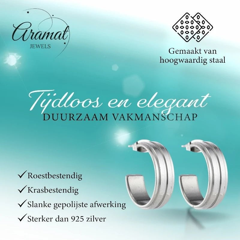 Oorbellen – 23mm Half - Hoop 2 Strepen RVS Zilverkleur Dames - Aramat Jewels - Oorringen - cadeautip
