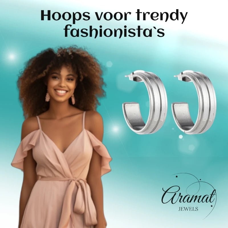 Oorbellen – 23mm Half - Hoop 2 Strepen RVS Zilverkleur Dames - Aramat Jewels - Oorringen - cadeautip