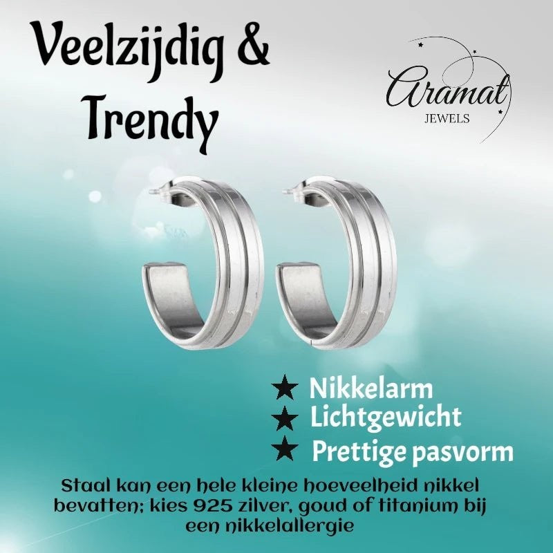 Oorbellen – 23mm Half - Hoop 2 Strepen RVS Zilverkleur Dames - Aramat Jewels - Oorringen - cadeautip