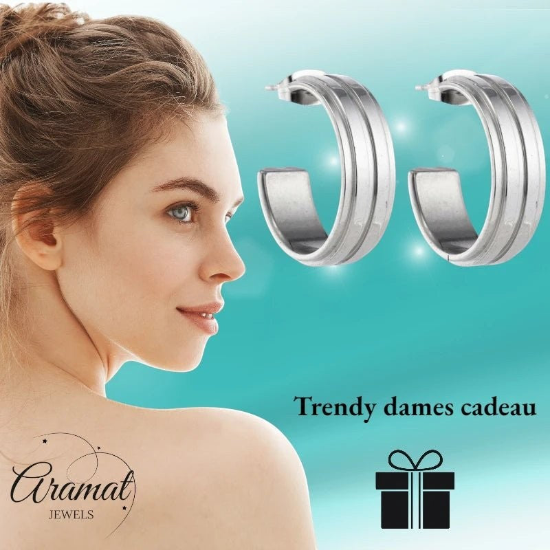 Oorbellen – 23mm Half - Hoop 2 Strepen RVS Zilverkleur Dames - Aramat Jewels - Oorringen - cadeautip