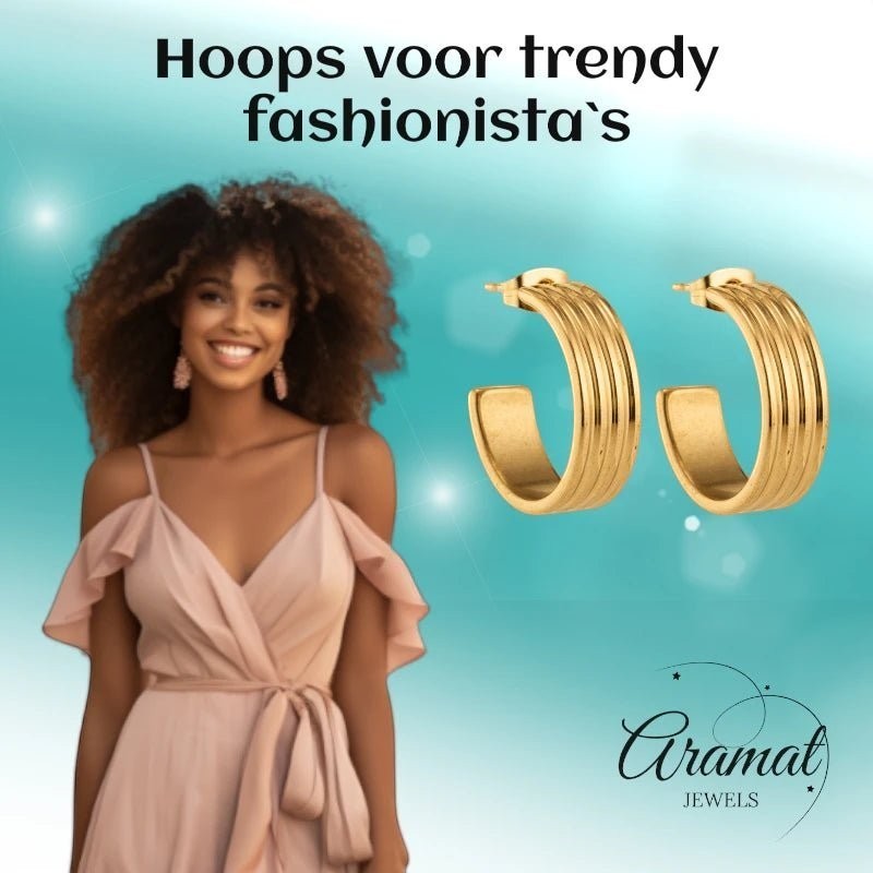Oorbellen – 23mm Half - Hoop Streeprelief RVS Goudkleur Dames - Aramat Jewels - Oorringen - cadeautip
