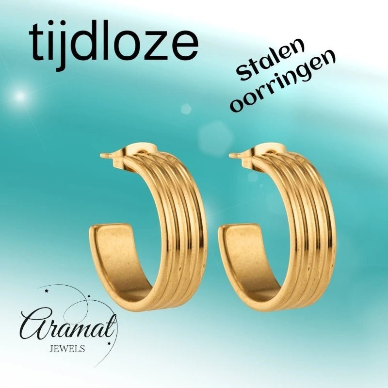 Oorbellen – 23mm Half - Hoop Streeprelief RVS Goudkleur Dames - Aramat Jewels - Oorringen - cadeautip