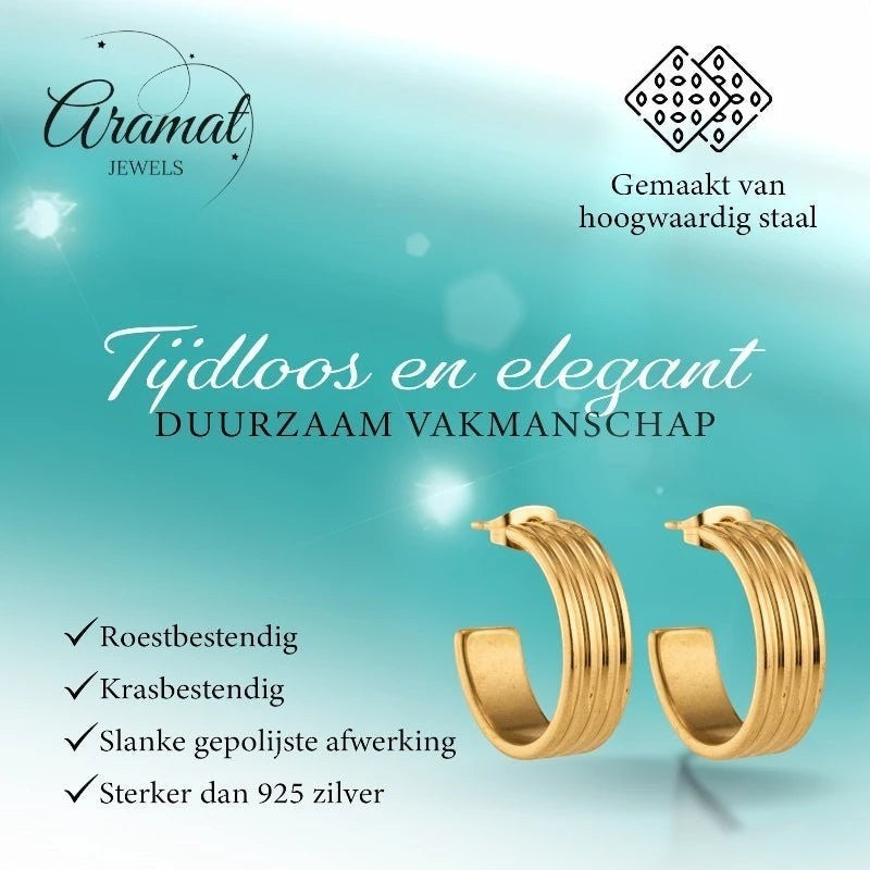 Oorbellen – 23mm Half - Hoop Streeprelief RVS Goudkleur Dames - Aramat Jewels - Oorringen - cadeautip
