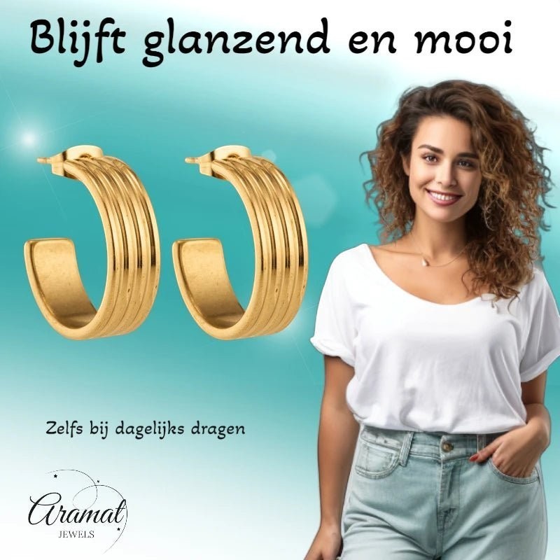 Oorbellen – 23mm Half - Hoop Streeprelief RVS Goudkleur Dames - Aramat Jewels - Oorringen - cadeautip