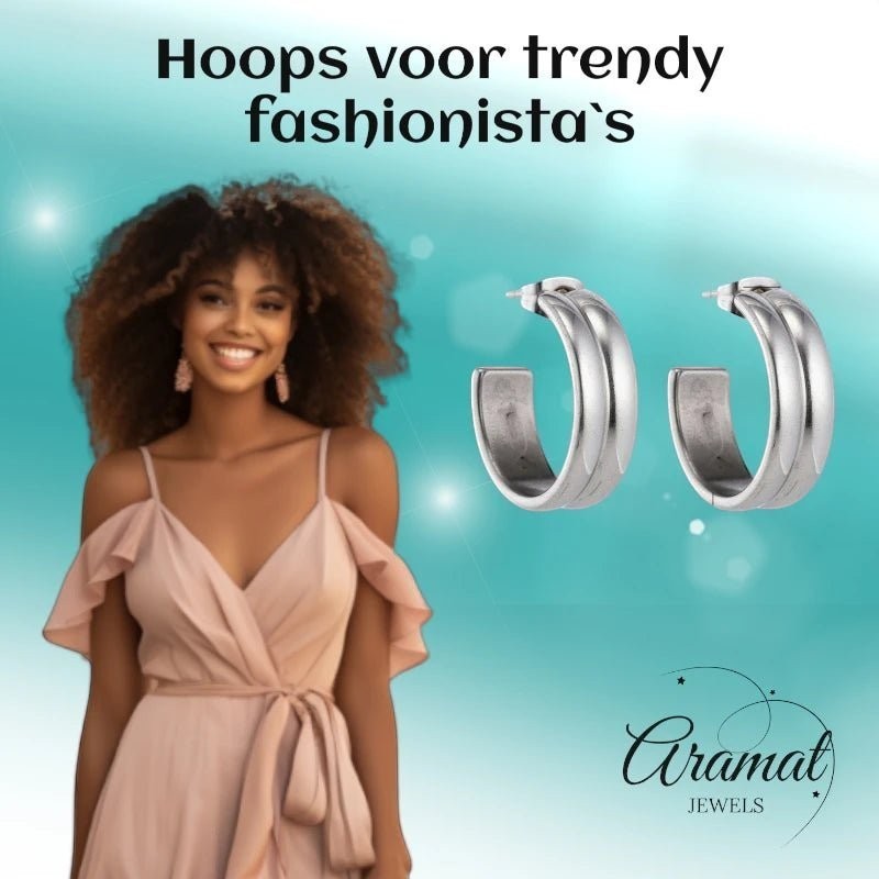 Oorbellen – 23mm Hoepel Creool 2 Lijnen RVS Zilverkleur Unisex - Aramat Jewels - Oorringen - cadeautip